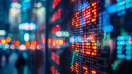 A close-up view of a large financial stock ticker displaying numerical data and charts, with blurry city lights in the background.