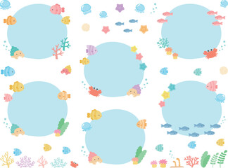 夏の海のフレームセット、かわいい魚や海の生き物たちをあしらった飾り枠のイラストセット02