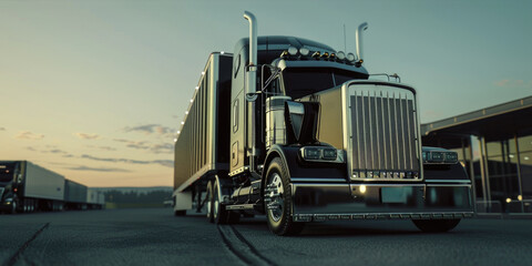 A large semi truck is driving down a city street