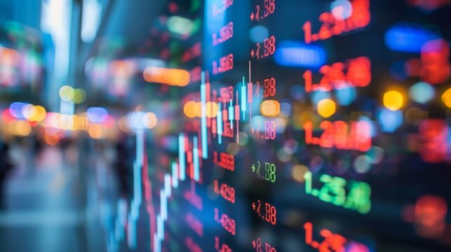 A close-up view of a stock market ticker display with a blurred city skyline in the background.