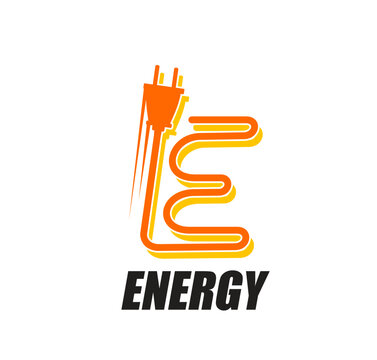 Electric energy vector icon with power plug and electricity cable or cord. Orange yellow electrical equipment isolated symbol of electric technologies, energy and power industry, electrician service