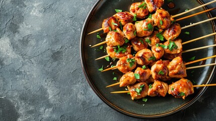A plate of cooked chicken skewers on a table, ready to be served
