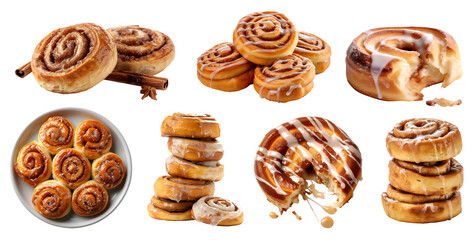 Cinnamon Roll bread bun on transparent cutout, PNG file. Many assorted different angles, stack, broken, slice, pile, view. Mockup template for artwork