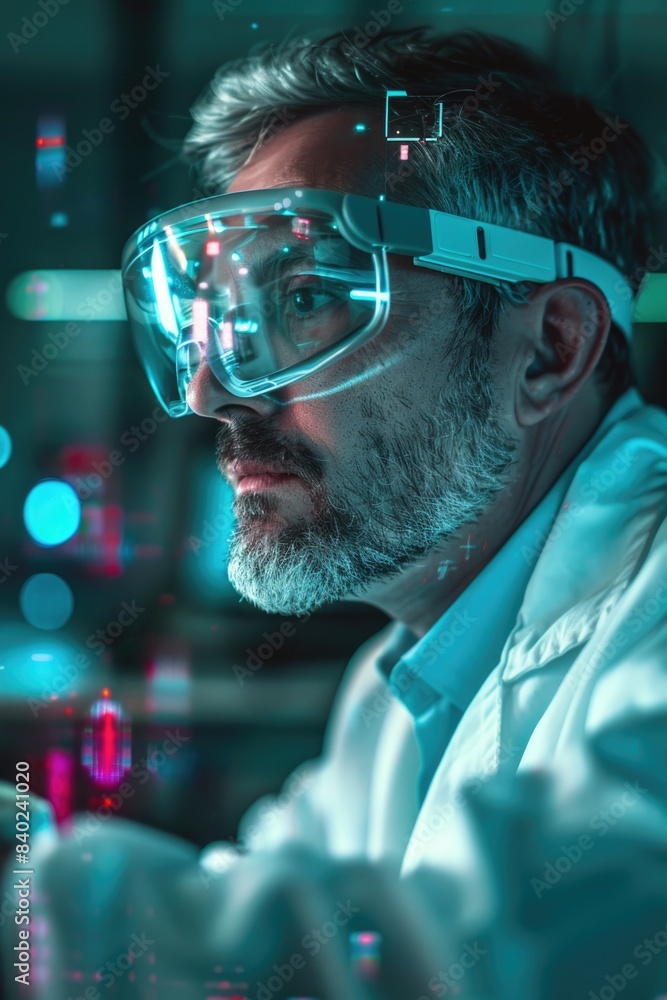 Poster a laboratory scene with a scientist inspecting machinery, potentially discovering or troubleshooting