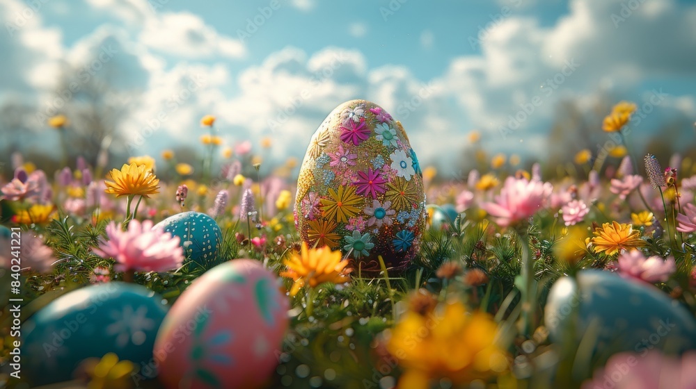 Poster three-dimensional rendering of an easter door with colorful eggs on a meadow.