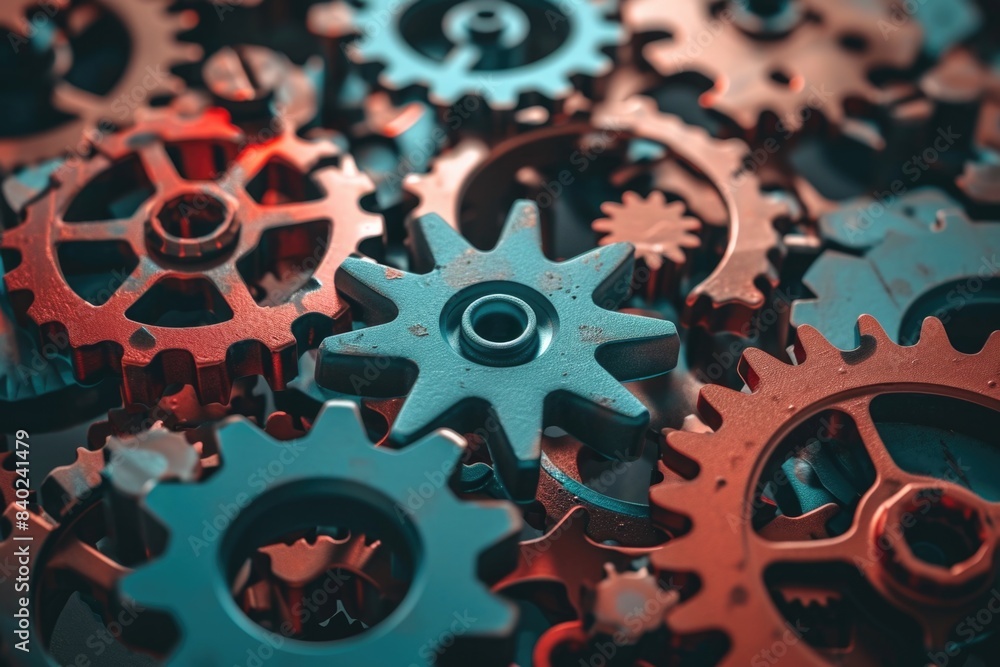 Poster a close-up view of interconnected gears in a mechanical system, suitable for use in diagrams and ill