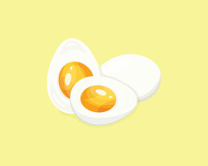 Cartoon egg isolated on yellow background. Set of boiled whole egg, and half, sliced eggs. Vector illustration.