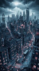 Produce a striking digital artwork of a luminous, bustling metropolis at night from an eye-level angle Include skyscrapers, glowing lights, and bustling streets in CG 3D