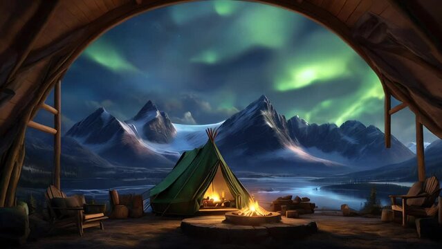 Winter landscape with aurora borealis. AI