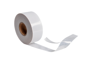 A roll of white adhesive tape with an unraveled end, centered on a seamless white background