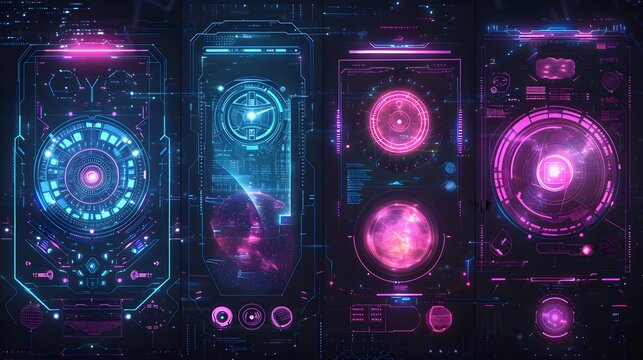 A collection of four glowing, colorful buttons with a futuristic feel