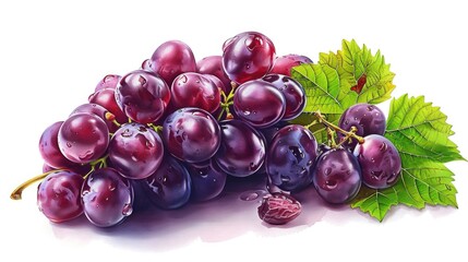 Fototapeta premium A bunch of fresh grapes with leaves on a white background, ideal for food, wine or lifestyle photography