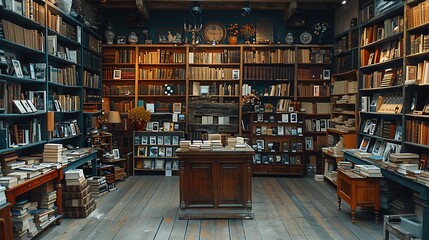 Obraz premium A vintage wooden podium in an antique shop, with shelves of old books and various artifacts around, positioned centrally with plenty of copy space.