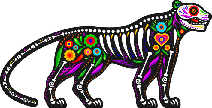 Mexican day of the dead jaguar animal sugar skull tattoo. Isolated vector animal skeleton figure with bones and patterns, melds ancestral reverence with wild spirit of jungle in a celebratory fusion.