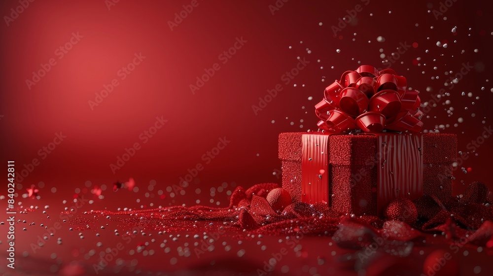 Poster Gift box with rays of light effect on red background. 3D rendering.