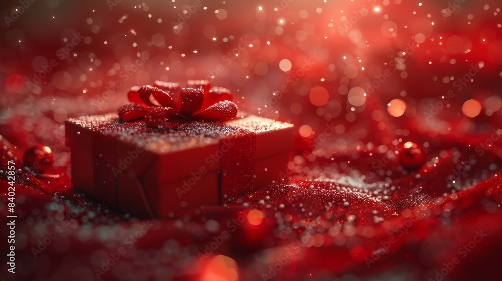 Poster three-dimensional rendering of a gift box with light effect on a red background.