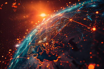 Obraz premium An abstract holographic planet Earth with numerous connection points symbolizing the vastness of social networks and global connectivity.