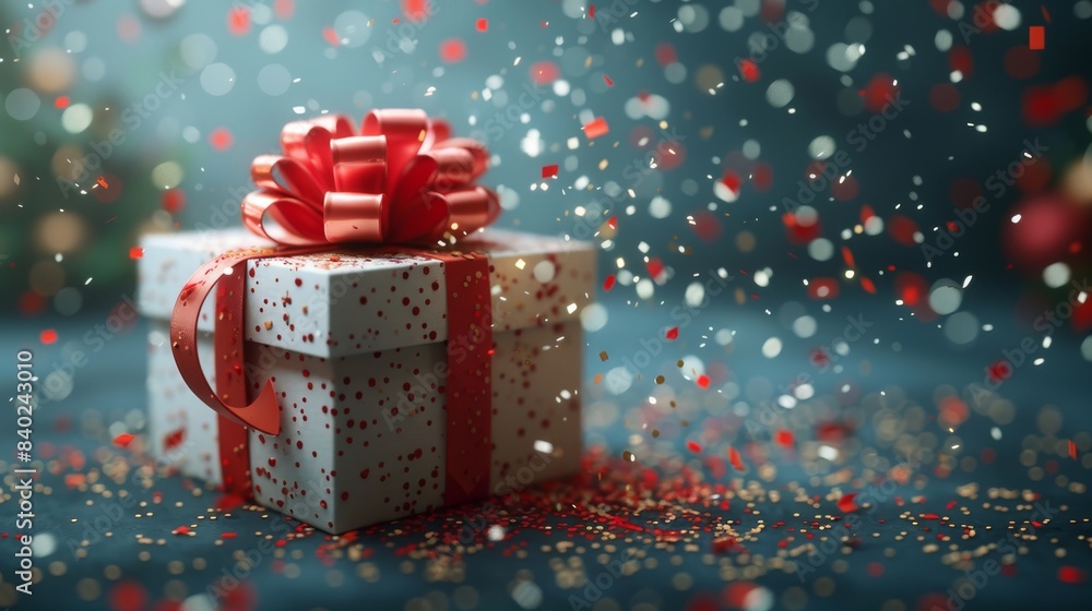 Poster rays of light are emitted from an open gift box on a blue background in 3d.