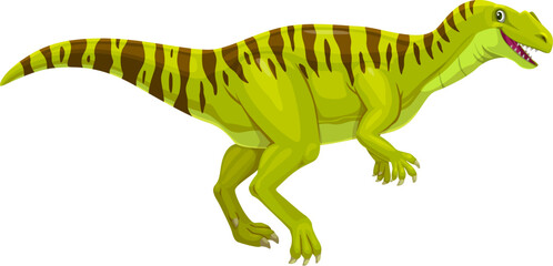 Neovenator prehistoric dinosaur. Isolated cartoon vector ancient reptile animal with green skin, dark stripes, streamlined body, sharp claws and friendly facial expression. Predatory jurassic creature