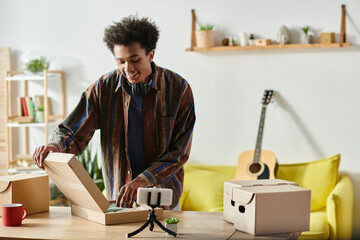 A young African American male blogger opens a box in his living room while talking on the phone...