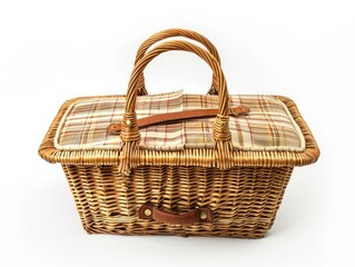 A traditional wicker picnic basket on a white background, ideal for use in illustrations about outdoor activities or vintage-style designs