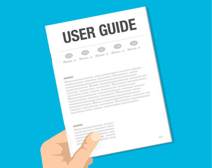 User guide, guidebook. Vector hand holding a paper with multilingual tabs top view. Manual document for clients support with English, Spanish, Italian, Chinese, Ukrainian multi-language instructions