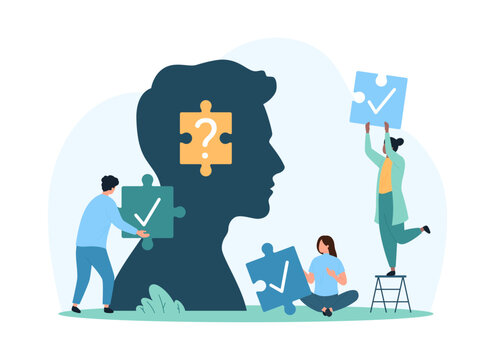 recommend clip art: Creative idea to solve problem, question answer choice and options. Tiny people holding puzzle pieces with checkmarks, silhouette of human head with question inside cartoon vector illustration
