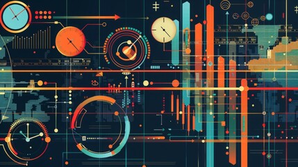 Abstract digital art featuring a complex network of colorful geometric shapes, lines, and clocks. The image evokes a sense of motion and connectivity.