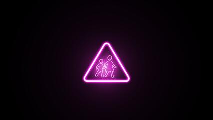 Neon glowing in front school road cross sign board. School crossing sign. school zone traffic sign. children crossing triangle caution warning road sign.
