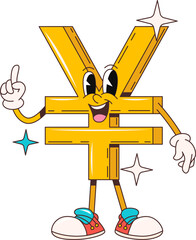 Cartoon retro groovy yen character. Isolated vector golden symbol represent the Japanese currency. Funky, smiling money sign personage with big eyes, wearing a playful expression and finger up gesture