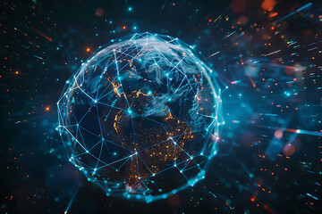 Fototapeta premium An abstract holographic planet Earth with numerous connection points symbolizing the vastness of social networks and global connectivity.