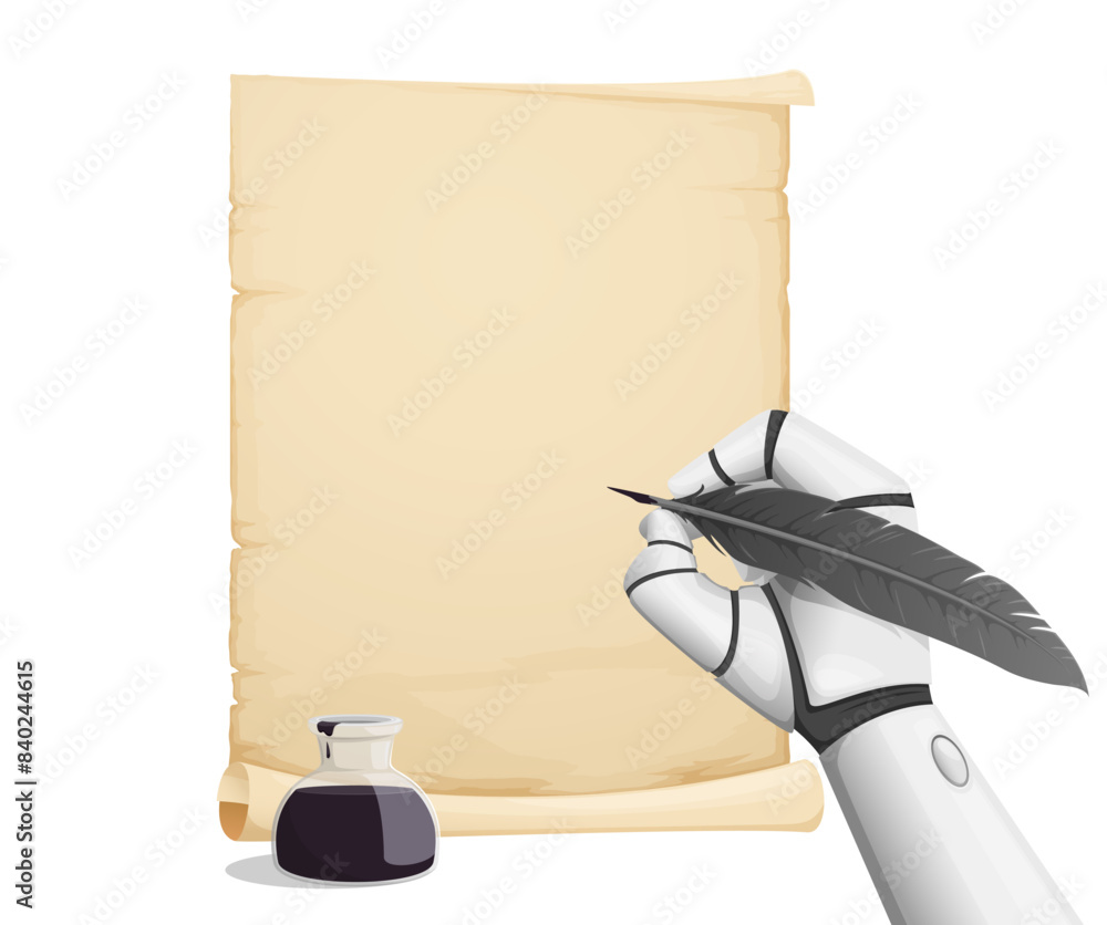 Poster robot writes, machine learning. realistic 3d vector robotic hand is writing on a piece of paper or a