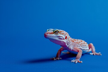 Obraz premium small, spotted leopard gecko in a calm mood on a rich royal blue solid color background