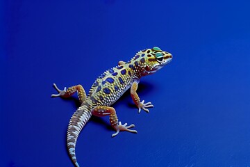 small, spotted leopard gecko in a calm mood on a rich royal blue solid color background