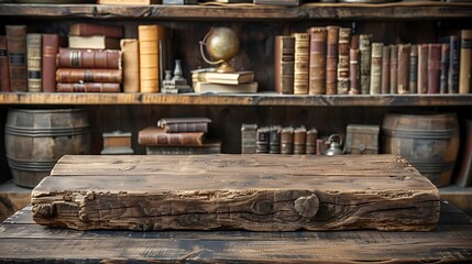 An antique podium made of wood, placed in a vintage shop with old books and artifacts around, centered with ample copy space.