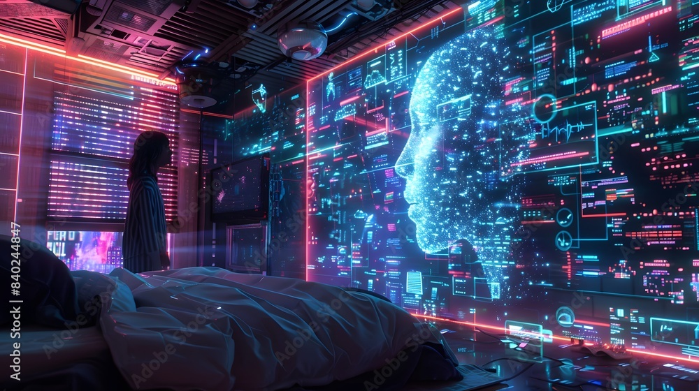 Poster a woman is standing in front of a large screen that displays a face made of computer code. the room 