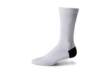 An image featuring a single white crew sock with a distinct red logo, isolated on a black backdrop