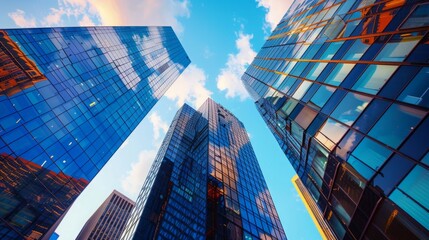 A low angle view of tall, modern skyscrapers reflecting the blue sky and clouds. - Powered by Adobe