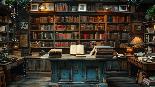 An antique wooden podium in a vintage shop setting, surrounded by old books and artifacts, centered with extensive copy space.