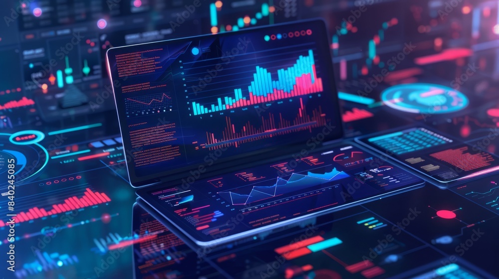Poster a close-up of a laptop displaying various graphs and charts related to financial data on a digital i
