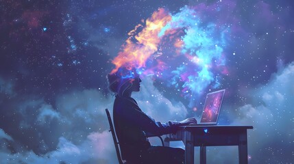 Fototapeta premium A person is sitting at a desk with a laptop and a hat on. The image has a dreamy, surreal quality to it, with a lot of stars and a glowing fire in the background