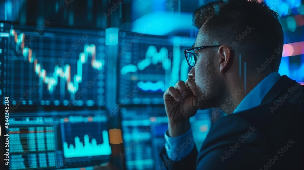 Poster a man in a suit sits in front of multiple computer monitors displaying financial data, analyzing the