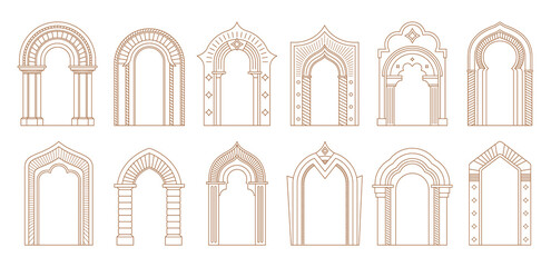 Arch door frames and entrance doorways or gateway in architectural drawing, vector icons. Cartoon, ancient classic or modern architecture arch doors with arcs of temple, palace or mosque doorways