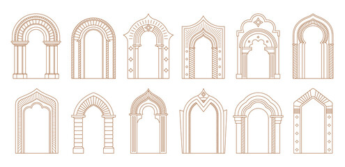 Naklejka premium Arch door frames and entrance doorways or gateway in architectural drawing, vector icons. Cartoon, ancient classic or modern architecture arch doors with arcs of temple, palace or mosque doorways