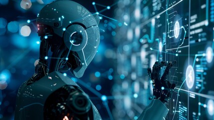A close-up image of an advanced robot with a white and black exterior interacting with a digital interface. The robot is positioned in a futuristic setting with a glowing blue background.