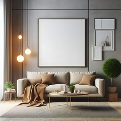 A living room style interior set design with a mockup poster empty white and with a couch and a picture frame decoration Vibrant engaging optimized optimized.