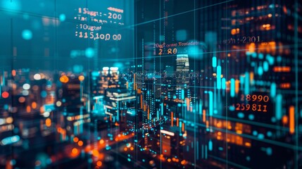 An abstract image of a city skyline at night, overlaid with stock market data and charts.