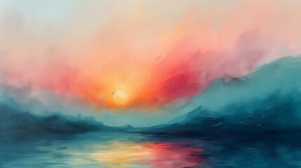 Fototapeta premium Abstract Sunset Over a Calm Lake with Vibrant Red, Orange, and Blue Tones