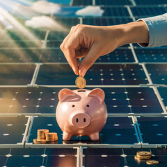 hand depositing coins into solar panels, use them as piggy bank to represent economic savings, photo, illustrationhand depositing coins into solar panels, use them as piggy bank to represent economic 