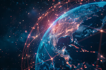 Obraz premium An abstract holographic planet Earth with numerous connection points symbolizing the vastness of social networks and global connectivity.